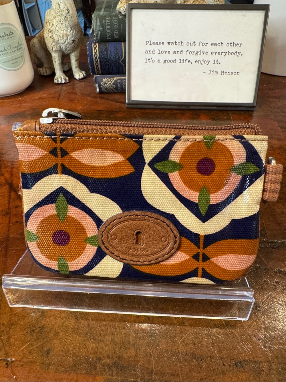 Fossil Multicolor Floral Canvas Key & Card Holder